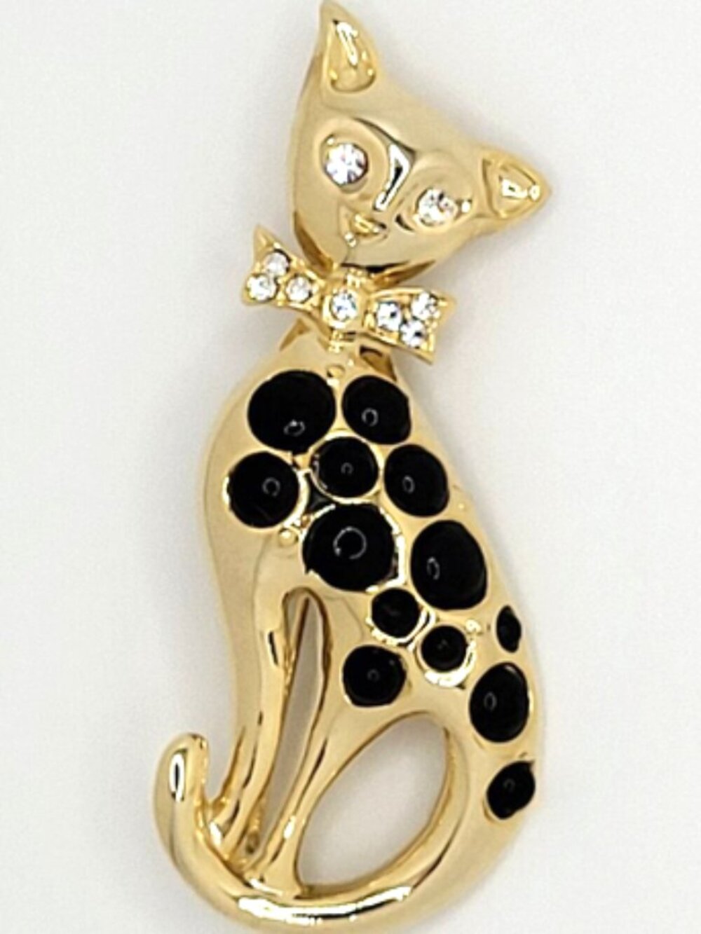 Unsigned Cat Brooch Gold Tone & Rhinestones 3"